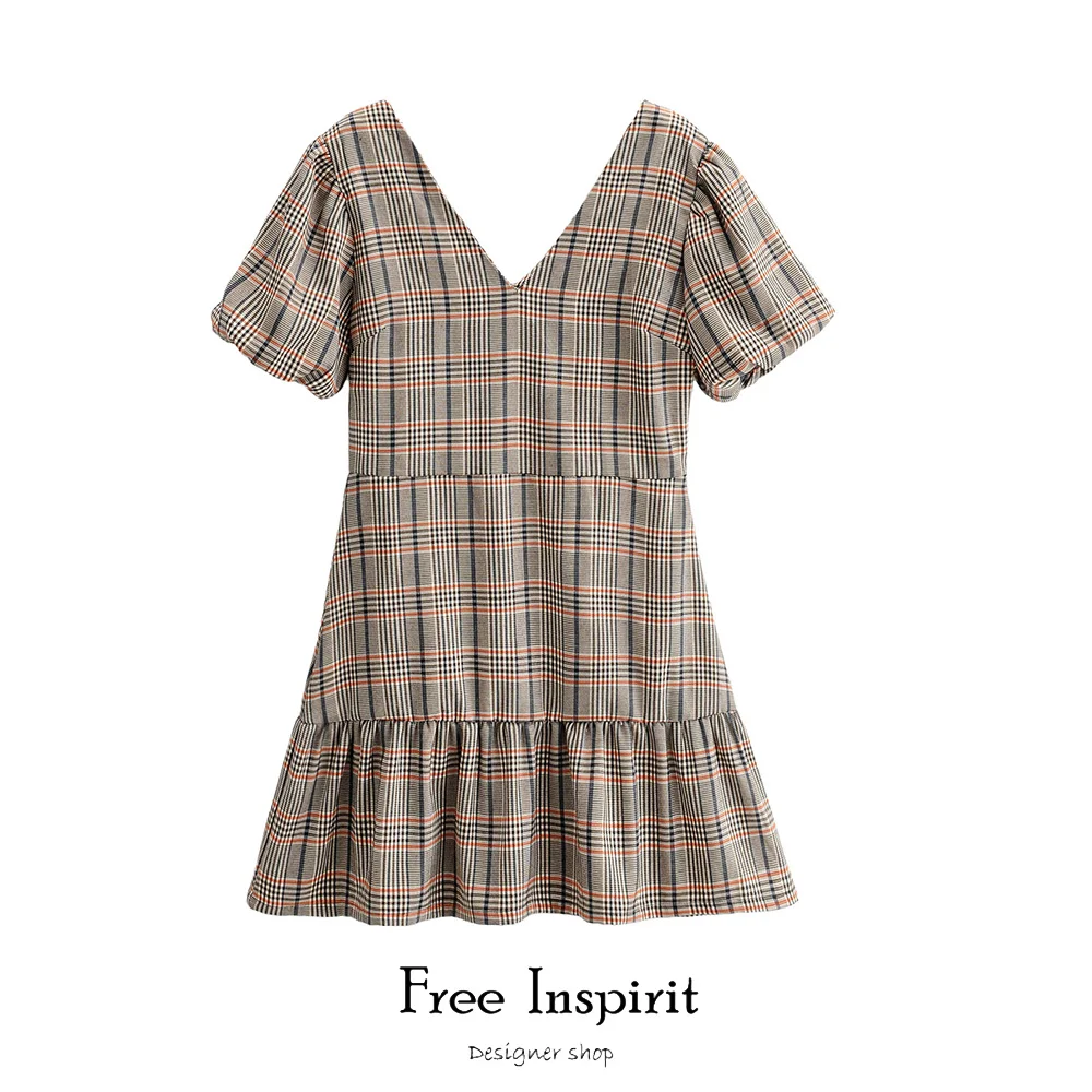 

Summer New Arrival Vintage Style A-line Plaid Pattern Short Sleeve V-neck Backless Women's Above Knee Mini Dress