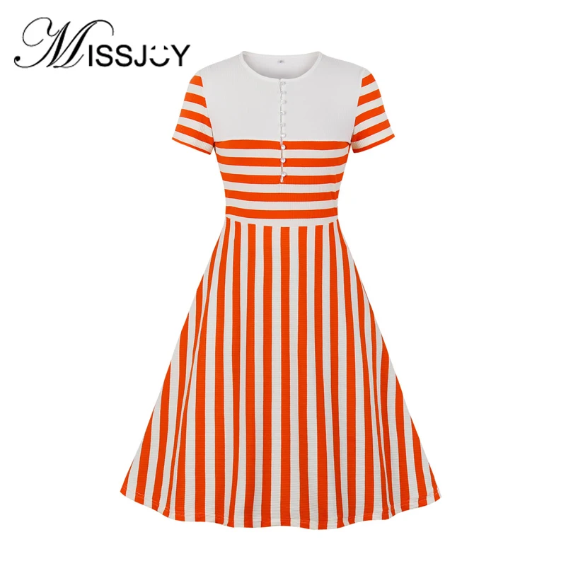 

MISSJOY Retro O-Neck Women Dresses Striped Sweet Short Sleeves Ladies Elegant Party Vintage 2020 Spring Button Patchwork Female