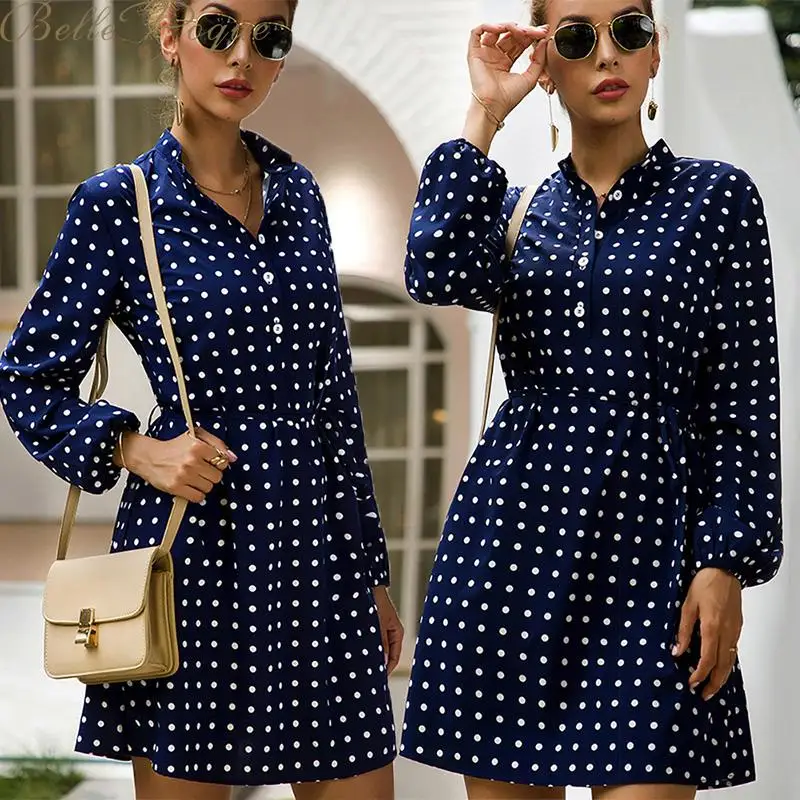Belle poque Корейская черная рубашка Vestidos офисная в горошек винтажные осенние платья
