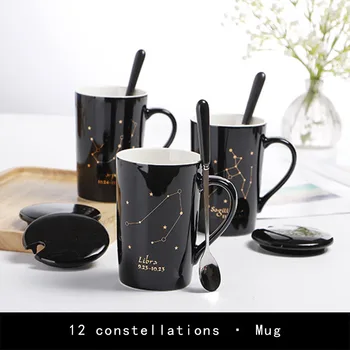 

400ML 12 Constellations Creative Ceramic Mugs With Spoon Lid Black And Gold Porcelain Zodiac Milk Coffee Cup With Gift Box