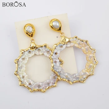 

BOROSA Shell Earrings 3/5Pairs Gold Plated Hand-carved Flower Natural Shell Freshwater Pearl Earrings Jewelry for Women G1904-E