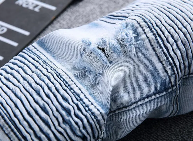 Модные Для мужчин марка NEW Fashion Hi Street Рваные джинсы брюки стрейч в уличном проблемных мотоциклетные джинсовые брюки для мужчин, светло-голубой