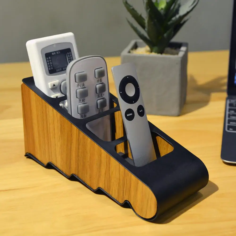 

4 Compartments Remote Control Holder Caddy Detachable Pen Pencil Holder with Metal Wooden Office Desktop Organizer