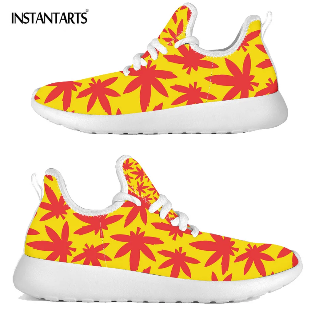 

INSTANTARTS Women Flats Shoes Lace Up Breathable Maple Leaf Weed Leaves Design Walking Sneakers Girls Casual Shoe Brand Design