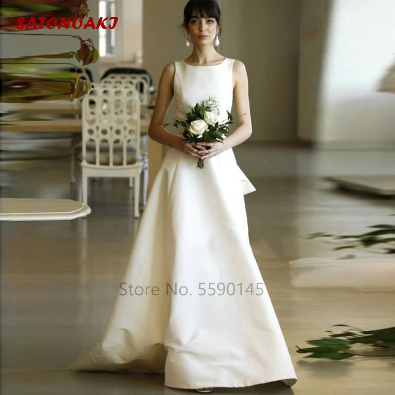 

SATONOAKI Simple Satin A-Line Wedding Dresses 2020 New Backless Tiered Pleat Sweep Train wedding Bridal Gowns Vestidos De Novia