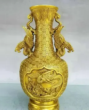 

Chinese Buddhism old bronze dragon phoenix pine tree crane Statue flower vase