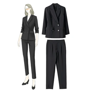 

2020 New Spring Winter Solid Office Work Two Piece Set Ladies Black Double Breasted Blazer and Pants Women Casual 2 Piece Set