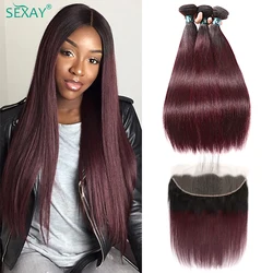 Sexay 99J Hair Bundles With Frontal 100% Peruvian Straight Ombre Human Hair Burgundy Lace Frontals With Red Colored Hair Bundles