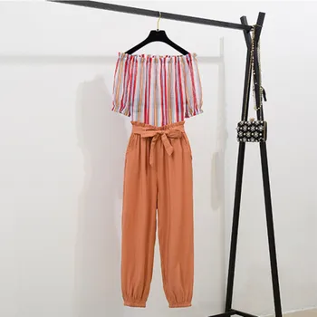 

New Fashion Casual 2 piece Set Color stripes Off Shoulder Chiffon Top Blouse and Sashes Runched Ankle-length Pants Trousers Sets