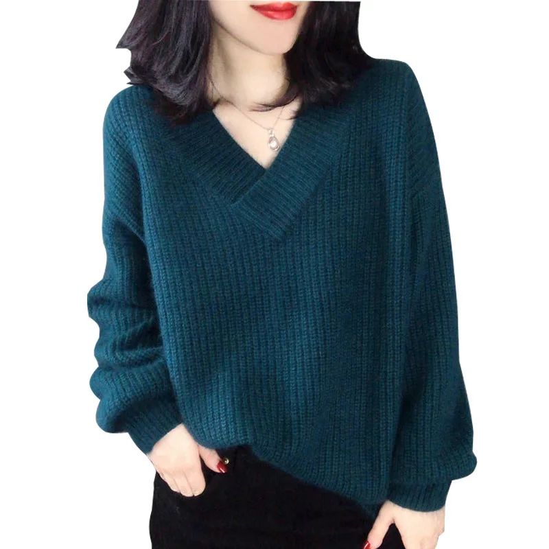 

2019 Korean style Winter Sweaters Women V-Neck Simple Tops Fashion Solid Color Knitting Sweater Plus Slze Female Clothing