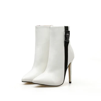

Woman Short Boots Black White Pointed Toe Fetish Thin High Heels Suede Zipper Boots Winter Sexy Feminina Motorcycle Shoes