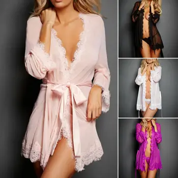 

Plus Size 2XL Sexy Lady Stain Lingerie Sleepwear Women Babydoll G-string Underwear Night Dress Nightwear Transparent Robe Dress