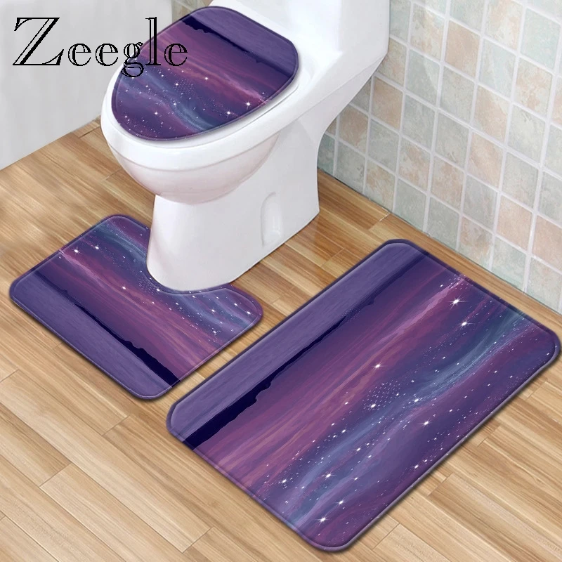 Zeegle Printed Bath Mat Set Shower Room Non-slip Doormat Flannel Bathroom Floor Carpet Set 3pcs Toilet Rug Set Toilet Seat Cover
