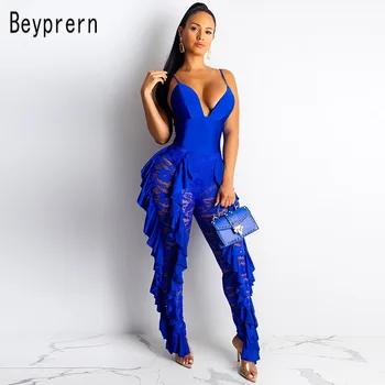 

Beyprern Sexy Deep V Neck Lace Patchwork Ruffles Bandage Jumpsuit Summer Women Hollow Out Neon Color Lace Bodysuit Club Overalls