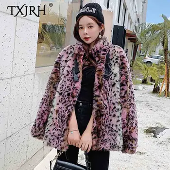 

TXJRH Korea Style Leopard Hairy Shaggy Faux Fur Stand Collar Coat Jacket Pockets Stylish Women Winter Keep Warm Outerwear Tops