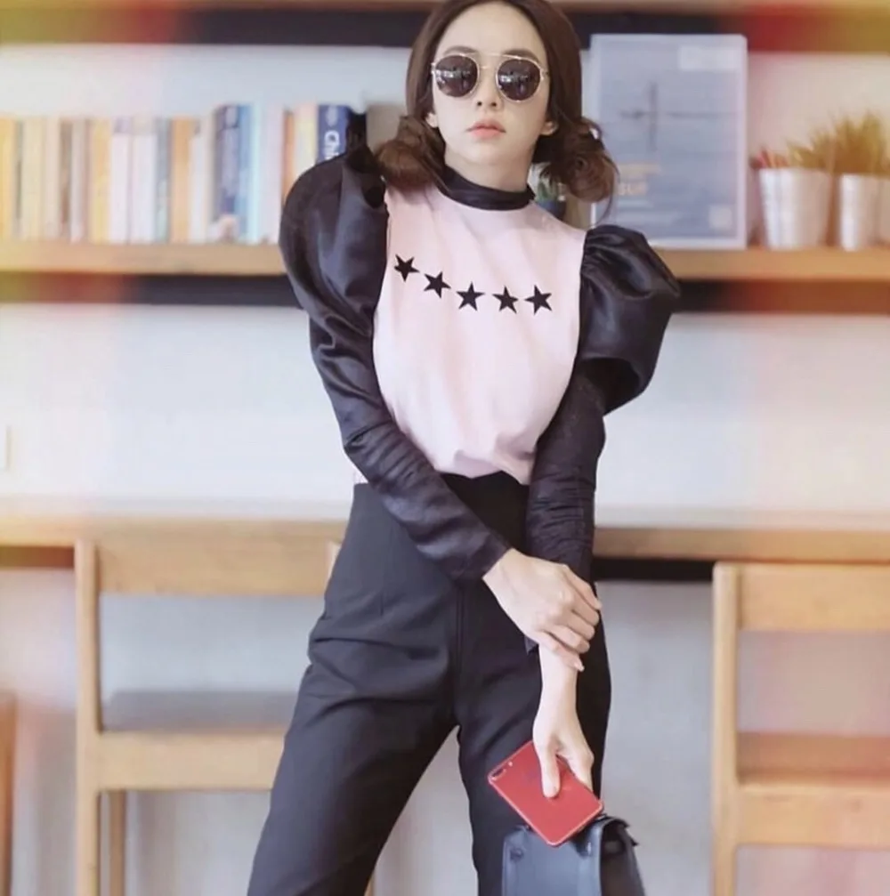 WHITNEY WANG,, Весенняя мода, уличная одежда, цветные, контрастные, с пышными рукавами, с бантом на спине, футболка для женщин, Blusas, футболка для женщин