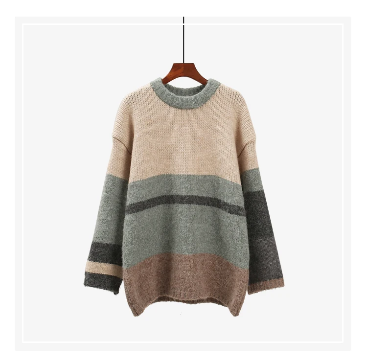 H. SA, Женский пуловер и свитера, в стиле пэчворк, свободный, корейский, модный свитер, топы для девушек, свободный свитер, наряды, Вязанные джемперы - Цвет: HF19422 Khaki