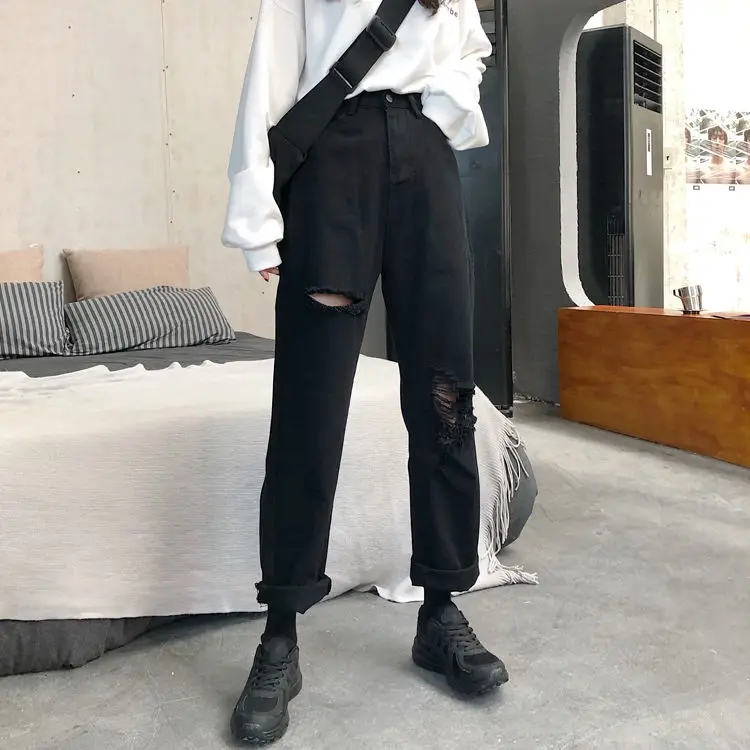 Women High Waist Ripped Jeans Elastic Waist Loose Ladies Straight Street Style Denim Boyfriend Ankle-Length Pants 5XL Plus Size