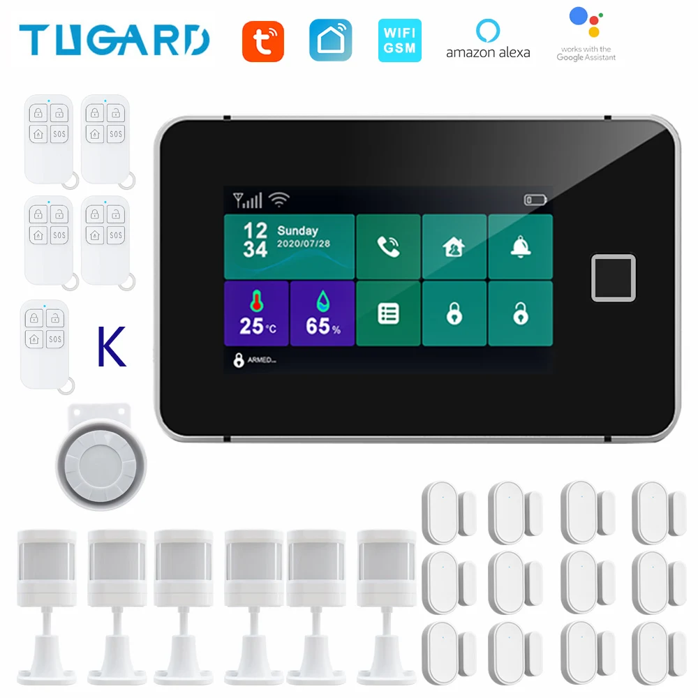 TUGARD G60 Tuya WiFi Gsm Security Alarm System Fingerprint Armed Temperature Humidity Display 433MHz Wireless Smart Home Burglar house alarm keypad Alarms & Sensors