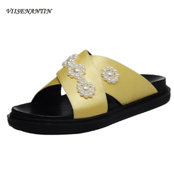 

Summer Outer Wear Thick-soled Roman Slippers Female Cross Open-toed Pearl Crystal Holiday Beach Shoes Designer Slides for Women
