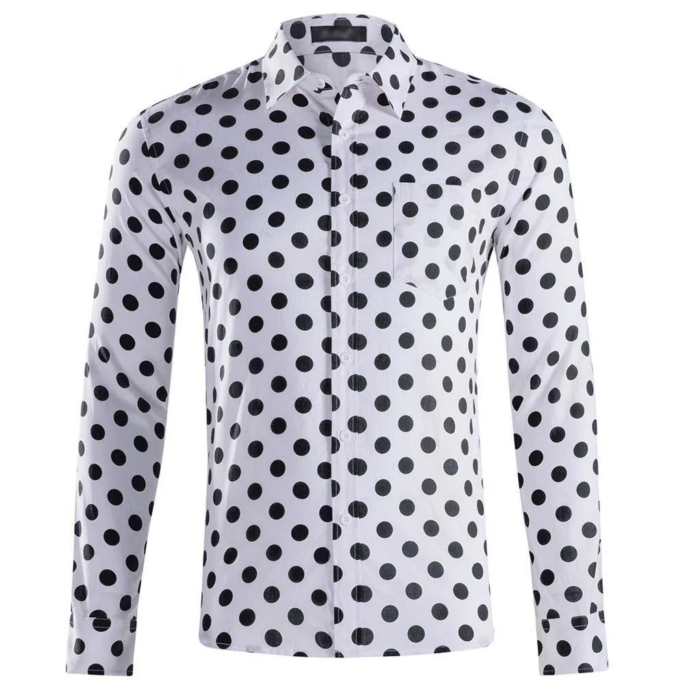 Camisas Vintage de lunares para hombre, Camisas de manga larga de algodón, negro, blanco, de talla grande, con cuello vuelto, para negocios