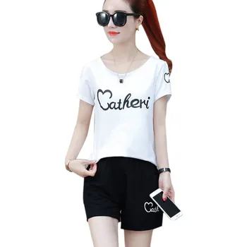 

2019 Summer 2 Pieces Set Women's Fashion Two Piece Set Letter Print Short Sleeve O-Neck Top And Shorts Set conjuntos de mujer