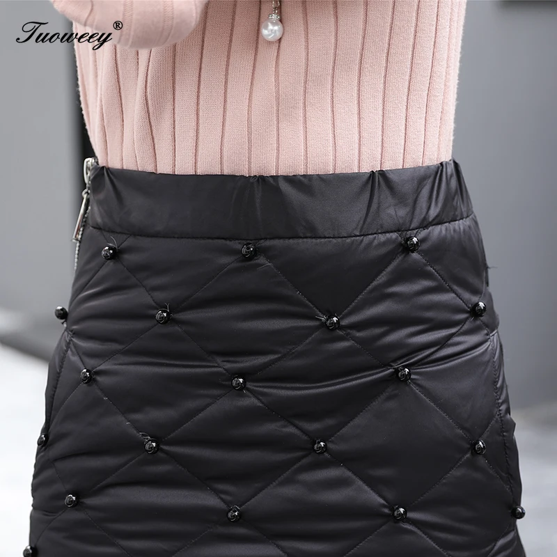 2XL Горячая пуховая хлопковая юбка Для женщин зимние размера плюс с отделкой бисером с застежкой-молнией и Обёрточная бумага юбка пальто, длинное теплое пальто по колено женские юбки элегантный
