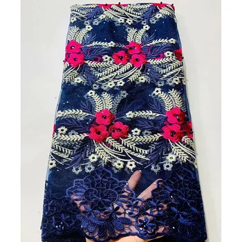 

Women Dress Net Lace Fabric small flowers and branches pattern with stones and colored beads XSF4 French Tulle Lace Fabric