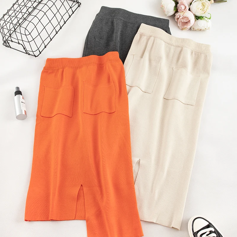 SINGRAIN, женские зимние вязаные юбки, теплые длинные юбки-карандаш, средней длины, с разрезом, с неровным карманом, макси, вязаная юбка, осень