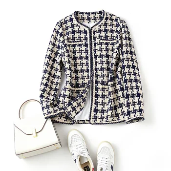 

European and American women's wear 2020 winter new style Long - sleeved round neck plaid Fashionable tweed Short coat
