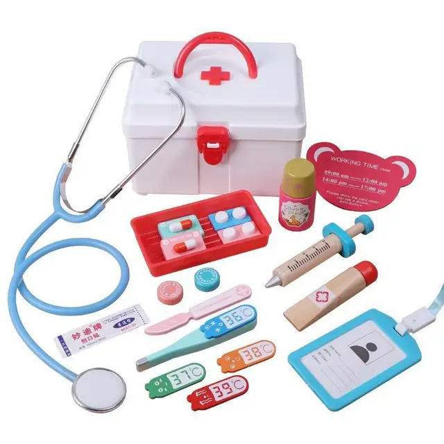 Wooden Doctor Suit Toys Medicine Box Stethoscope Simulation Hospital Injection Tools Boy Girl Role Playing Kid Toy Nurse Uniform 4