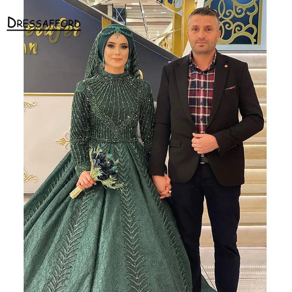 

Luxury High-End Beaded Evening Party Dresses Nude Long Sleeves Muslim Formal Gowns Custom Made