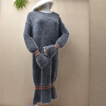 

top Women fashion knitted cashmere mink dresses party long sweaters slim o-neck Flare Sleeve thick warm winter skirt sweater