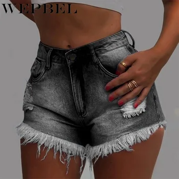 

WEPBEL Vintage Denim Shorts Sexy Hole Ripped Jeans Shorts Mid Waist Ladies Short Pants Summer Hot Shorts Tassels