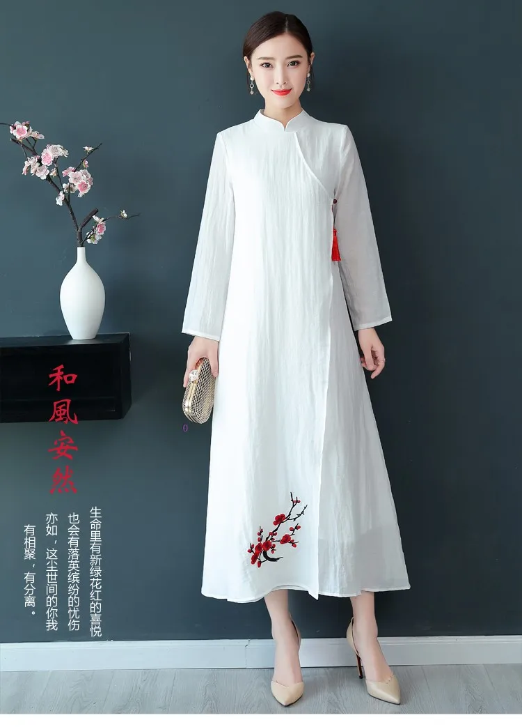 Осеннее винтажное улучшенное шелковое льняное платье Cheongsam с вышивкой в китайском стиле женское платье с длинными рукавами