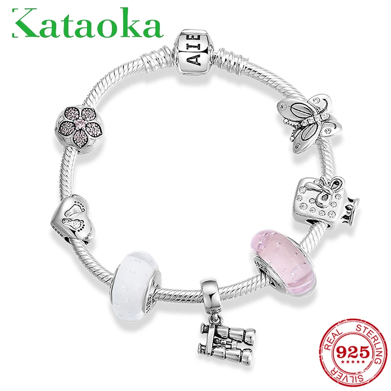 Высокое качество 925 пробы Серебряный цветок клип телескоп стекло браслеты из бусин для женщин кулон браслеты ювелирные изделия