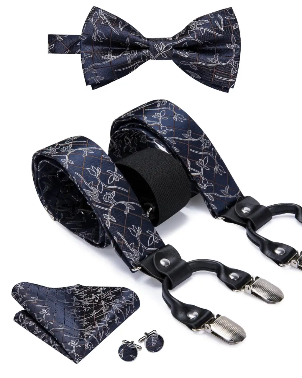 BD-3031 Hi-Tie роскошный бренд шелковый Взрослый мужской галстук-бабочка подтяжки синее платье на подтяжках с цветами Кожа Металл 6 зажимы Подвески подтяжки