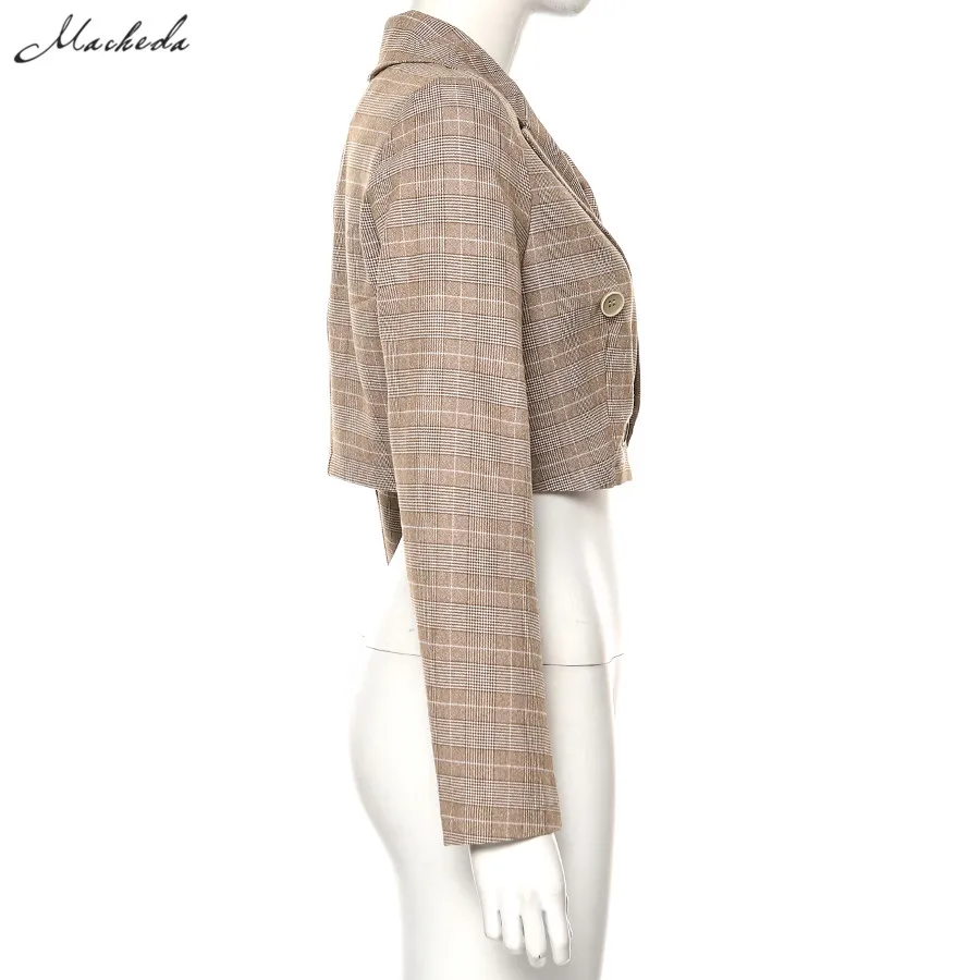 Macheda горячая Распродажа, клетчатый двубортный короткий пиджак, модный ретро повседневный пиджак, Осенний Повседневный Топ, новинка