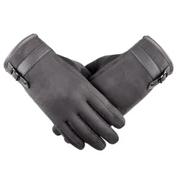 Men Driving Touch Phone Screen Mitten Cotton Suede Leather PU Belt Buckle Winter Plush Inside Warm Non-slip Cycling Glove I27