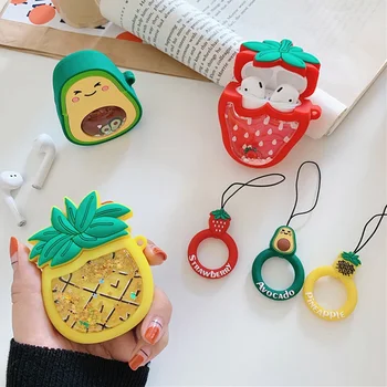 

3D Cute Fruit Strawberry Avocado Pineapple Case for Apple Airpods 1 2 Dynamic Liquid Quicksand Ring Wireless Earphone Cover Box