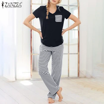 

Female Solid High Elastic Waist Pants Women's Homewear 2 Piece Sets 2020 Summer Striped Underwear Fashion Printed Sleepwear 5XL