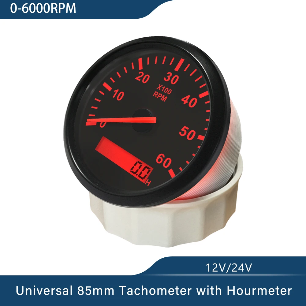 Waterproof Tachometer 3-8K RPM Tacho Gauge REV Counter with Hour Meter 85mm Gasoline Diesel Engine 12V 24V Red Backlight tachometer gauge,engine tachometer,tachometer meter