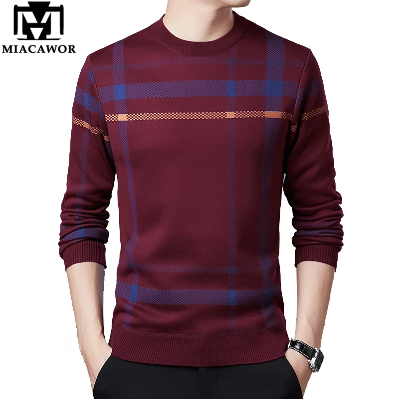 

MIACAWOR Brand Sweater Men Casual Plaid Pullover Men Winter Fleece Warm Knitted Jersey Hombre Slim Fit Sueter Hombre Y231