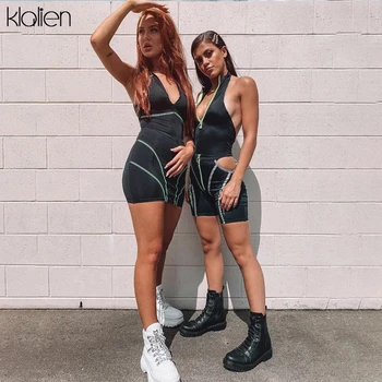 

KLALIEN zipper turtleneck sleeveless bodysuit + side hollow out shorts Reflective outfit tracksuit 2019 women sexy 2 pieces set