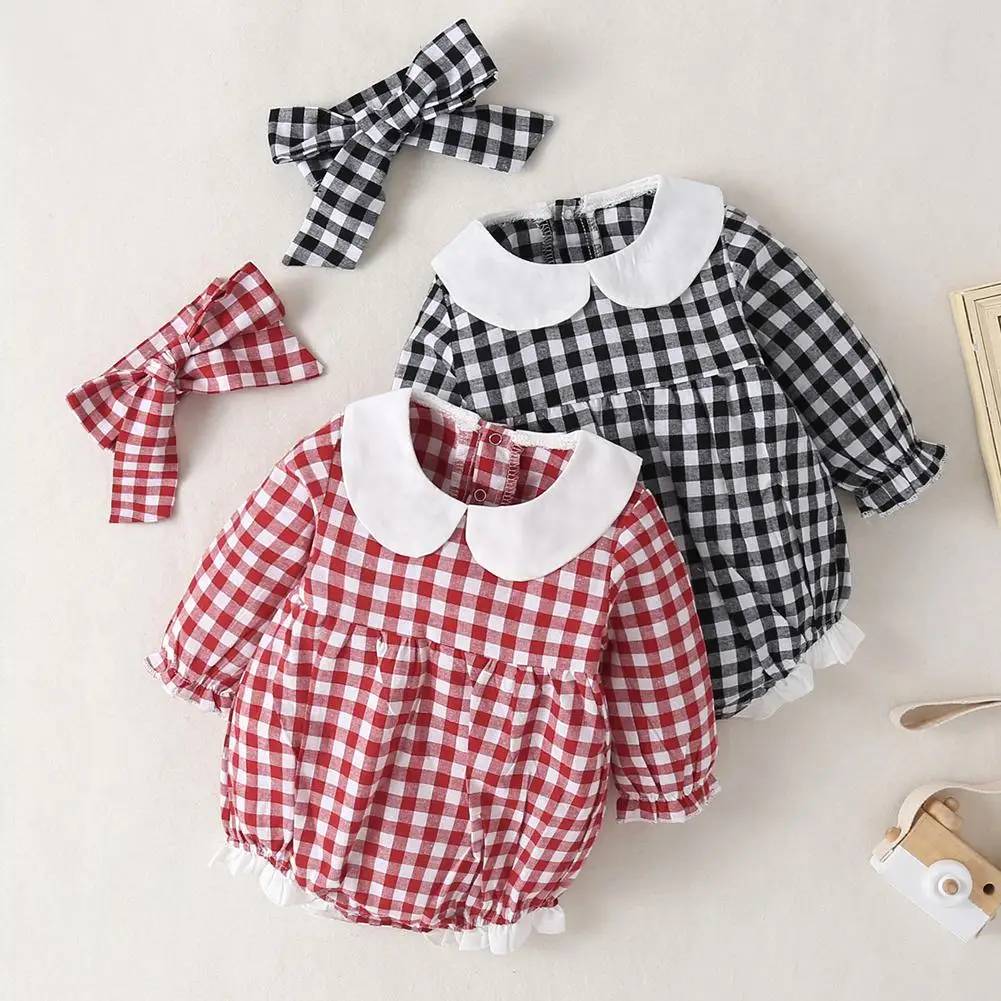 

Baby Girls Clothes Set Long Sleeve Plaid Lotus Collar Lace Romper High-quality Soft Surface Breathable Bowknot Headband