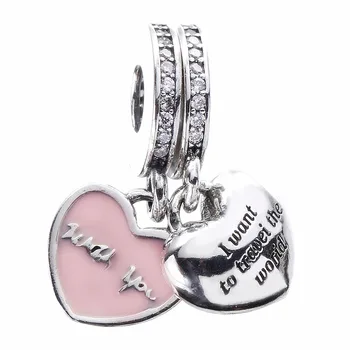 

New 925 Sterling Silver Bead Charm Pink Enamel Love Heart Travel Together Forever Pendant Beads Fit Pandora Bracelet DIY Jewelry