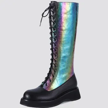 

GIGIFOX Genuine Leather Bright Leather Patchwork Big Size 42 Top Quality Cow Skin Winter Riding Boots Female Shoes Women