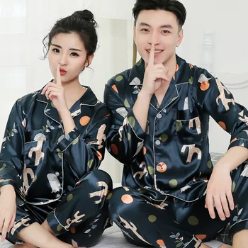 

Pajamas women summer thin section silk men's long-sleeved suit ice silk sexy home wear spring and autumn couple pajamas suit