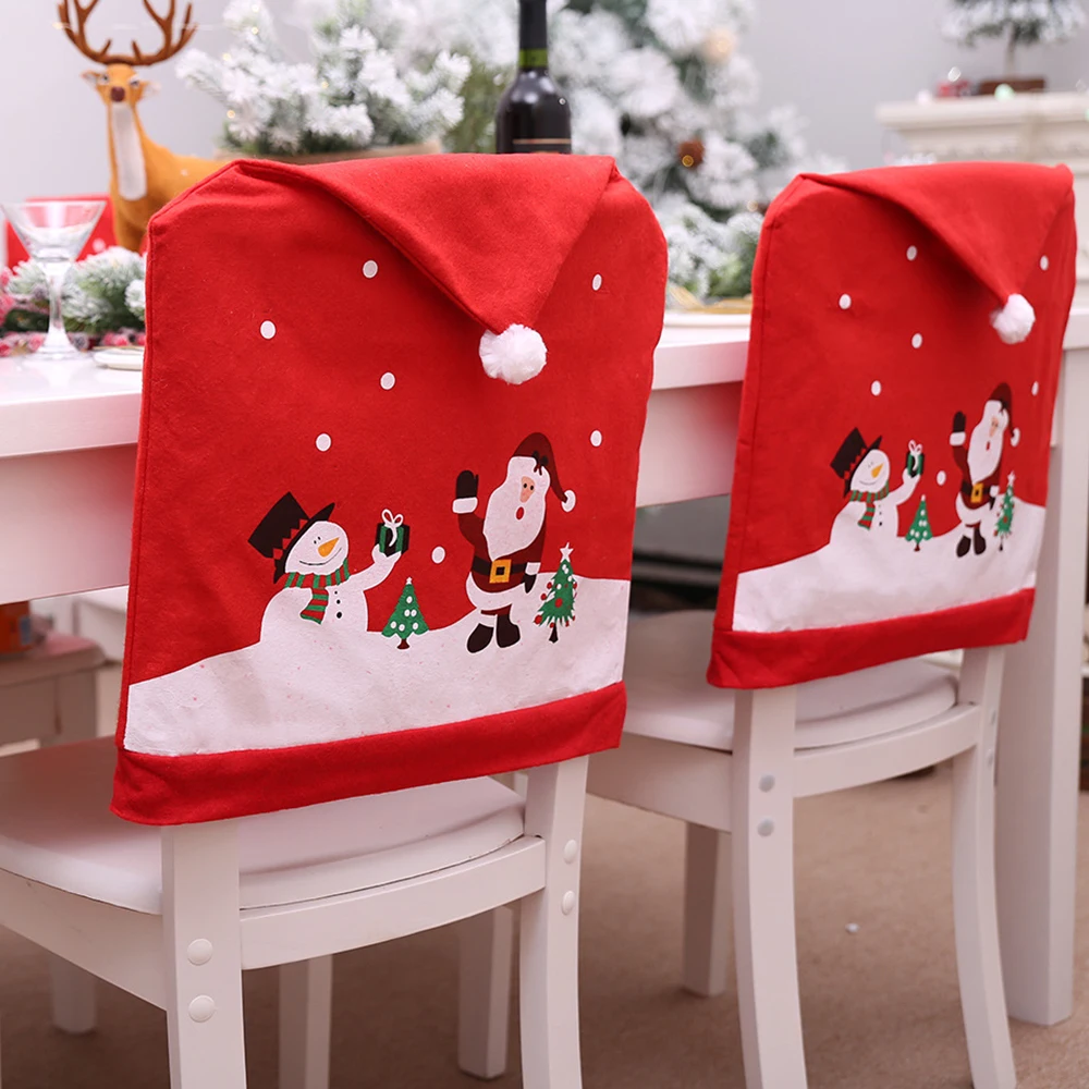 

LAPHIL Christmas Dinner Table Chair Covers Snowman Santa Claus Chair Slipcover Cap Christmas Decor for Home New Year Supplies