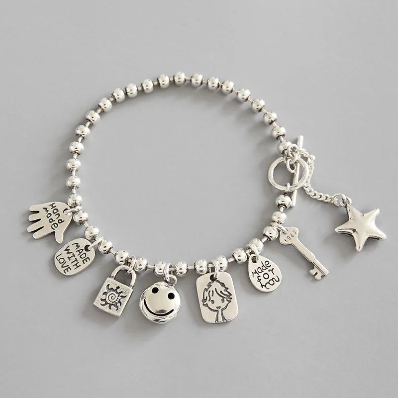 silver Bracelets LouLeur, настоящее 925 пробы, серебряные браслеты с подвесками, милая звезда, улыбка, ключ, браслет с бусинами, модное ювелирное изделие для женщин, подарки - Цвет камня: silver Bracelets